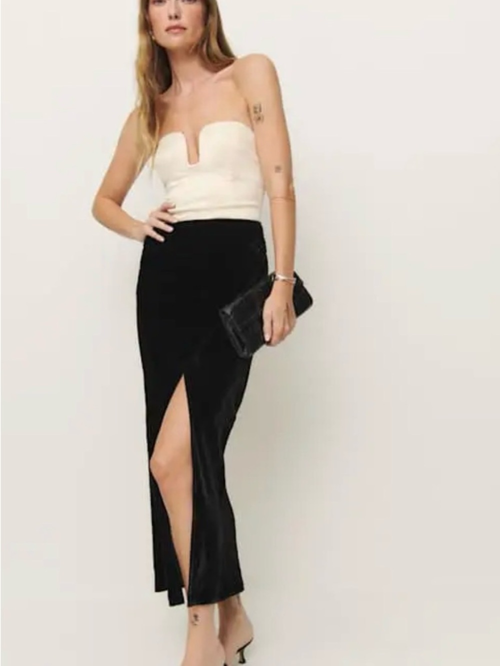 Reformation Minara Strapless Elegant Almond Black Velvet High-Slit Dress - Picture 2 of 5